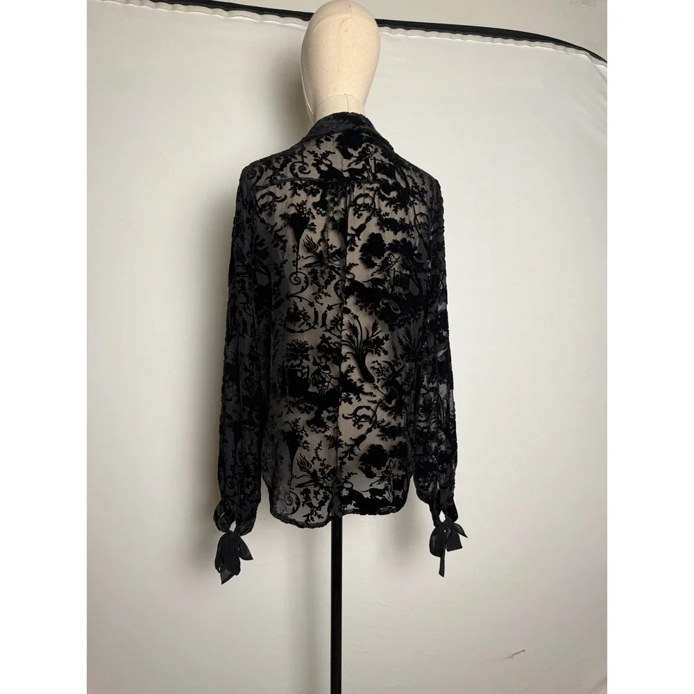 PAIGE Black Burnout Velvet Devore Floral Sheer Button Down Blouse Tie Cuff M